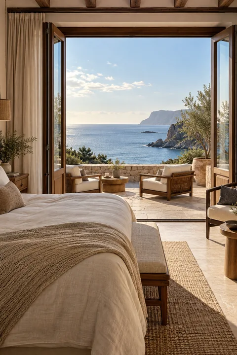 Illustrative coastal hotel room opening onto a sea-view terrace.
