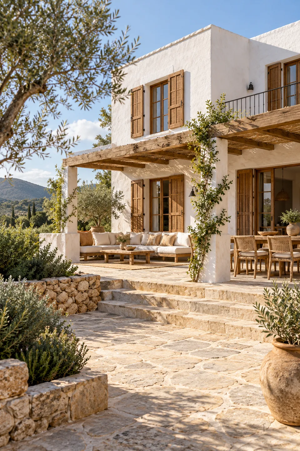 Illustrative white-stucco house with warm timber details and a stone courtyard.